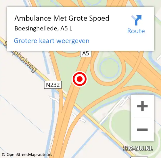 Locatie op kaart van de 112 melding: Ambulance Met Grote Spoed Naar Boesingheliede, A5 L op 12 januari 2016 20:17