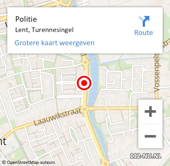 Locatie op kaart van de 112 melding: Politie Lent, Turennesingel op 13 januari 2016 17:15