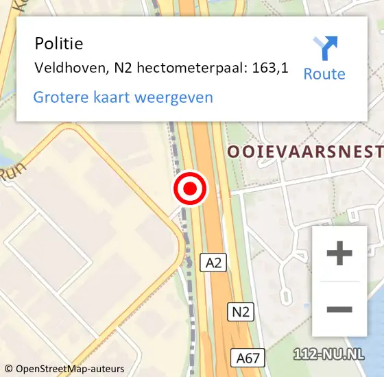 Locatie op kaart van de 112 melding: Politie Veldhoven, N2 hectometerpaal: 162,9 op 14 januari 2016 17:01