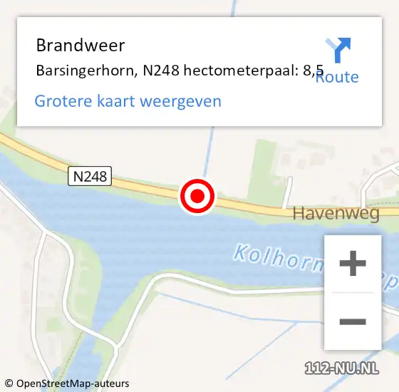 Locatie op kaart van de 112 melding: Brandweer Barsingerhorn, N248 hectometerpaal: 8,5 op 15 januari 2016 06:49