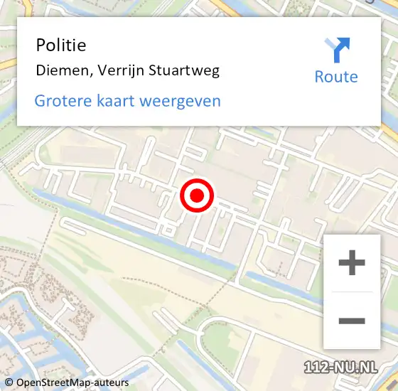 Locatie op kaart van de 112 melding: Politie Diemen, Verrijn Stuartweg op 15 januari 2016 11:35