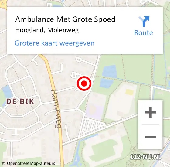 Locatie op kaart van de 112 melding: Ambulance Met Grote Spoed Naar Hoogland, Molenweg op 16 januari 2016 07:44