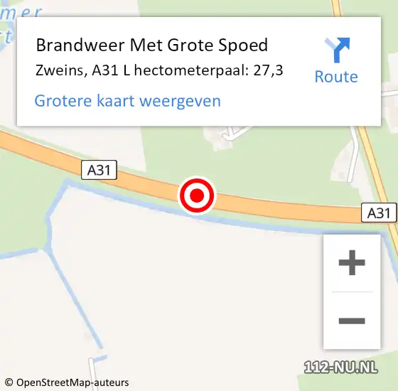 Locatie op kaart van de 112 melding: Brandweer Met Grote Spoed Naar Zweins, A31 L hectometerpaal: 27,3 op 17 januari 2016 09:31