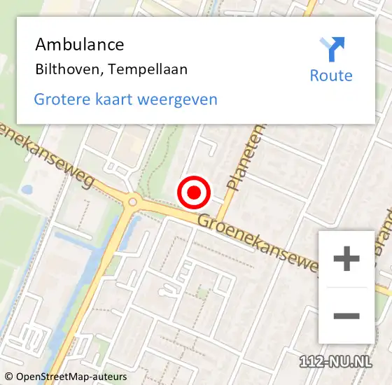 Locatie op kaart van de 112 melding: Ambulance Bilthoven, Tempellaan op 18 januari 2016 00:09