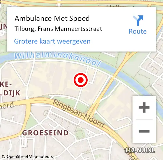 Locatie op kaart van de 112 melding: Ambulance Met Spoed Naar Tilburg, Frans Mannaertsstraat op 18 januari 2016 08:10