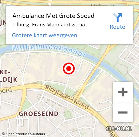 Locatie op kaart van de 112 melding: Ambulance Met Grote Spoed Naar Tilburg, Frans Mannaertsstraat op 18 januari 2016 08:37