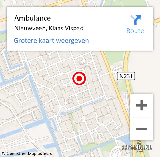 Locatie op kaart van de 112 melding: Ambulance Nieuwveen, Klaas Vispad op 18 januari 2016 19:50