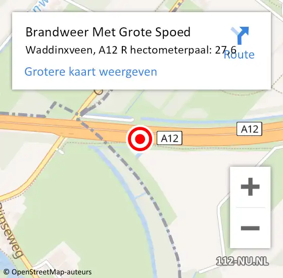 Locatie op kaart van de 112 melding: Brandweer Met Grote Spoed Naar Waddinxveen, A12 R hectometerpaal: 27,6 op 21 januari 2016 10:16