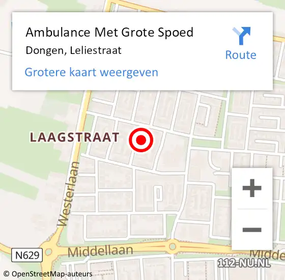 Locatie op kaart van de 112 melding: Ambulance Met Grote Spoed Naar Dongen, Leliestraat op 21 januari 2016 15:12