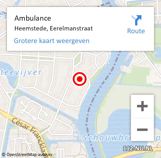 Locatie op kaart van de 112 melding: Ambulance Heemstede, Eerelmanstraat op 6 september 2013 13:07