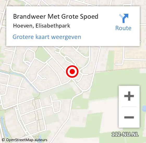 Locatie op kaart van de 112 melding: Brandweer Met Grote Spoed Naar Hoeven, Elisabethpark op 21 januari 2016 20:25