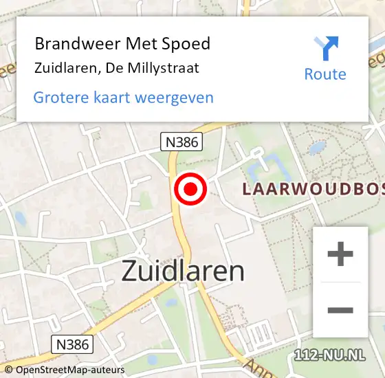 Locatie op kaart van de 112 melding: Brandweer Met Spoed Naar Zuidlaren, De Millystraat op 21 januari 2016 22:39