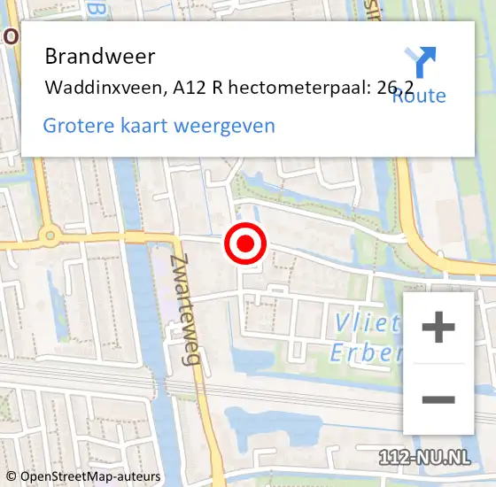 Locatie op kaart van de 112 melding: Brandweer Waddinxveen, A12 R hectometerpaal: 26,2 op 22 januari 2016 18:24