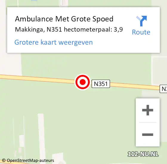 Locatie op kaart van de 112 melding: Ambulance Met Grote Spoed Naar Makkinga, N351 hectometerpaal: 3,9 op 23 januari 2016 08:49