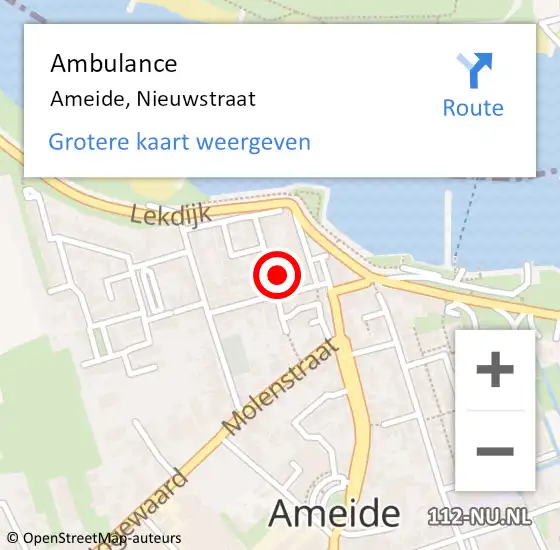 Locatie op kaart van de 112 melding: Ambulance Ameide, Nieuwstraat op 25 januari 2016 21:45