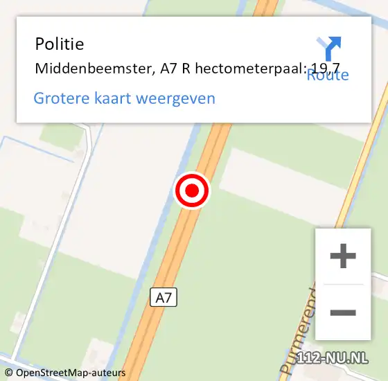 Locatie op kaart van de 112 melding: Politie Middenbeemster, A7 L hectometerpaal: 19,1 op 28 januari 2016 06:26