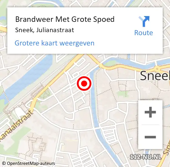 Locatie op kaart van de 112 melding: Brandweer Met Grote Spoed Naar Sneek, Julianastraat op 29 januari 2016 22:00