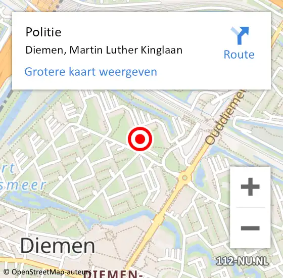 Locatie op kaart van de 112 melding: Politie Diemen, Martin Luther Kinglaan op 29 januari 2016 22:51