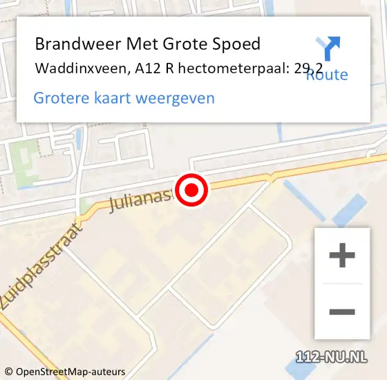 Locatie op kaart van de 112 melding: Brandweer Met Grote Spoed Naar Waddinxveen, A12 R hectometerpaal: 29,2 op 30 januari 2016 05:55