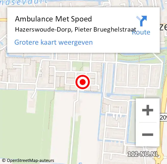 Locatie op kaart van de 112 melding: Ambulance Met Spoed Naar Hazerswoude-Dorp, Pieter Brueghelstraat op 1 februari 2016 09:45