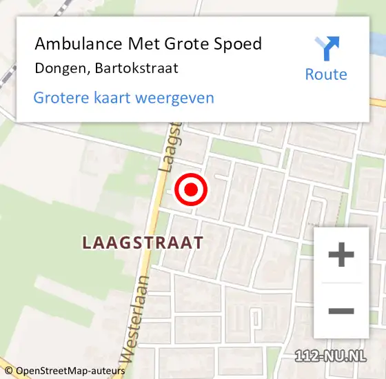 Locatie op kaart van de 112 melding: Ambulance Met Grote Spoed Naar Dongen, Bartokstraat op 2 februari 2016 01:05