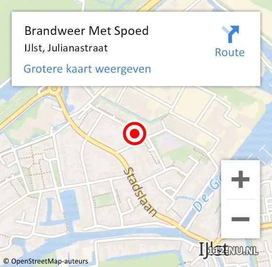 Locatie op kaart van de 112 melding: Brandweer Met Spoed Naar IJlst, Julianastraat op 5 februari 2016 10:29