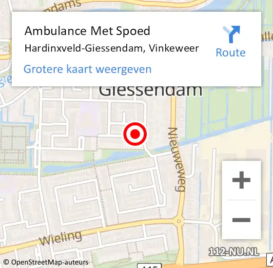 Locatie op kaart van de 112 melding: Ambulance Met Spoed Naar Hardinxveld-Giessendam, Vinkeweer op 6 februari 2016 11:29