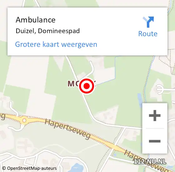 Locatie op kaart van de 112 melding: Ambulance Duizel, Domineespad op 9 februari 2016 13:45