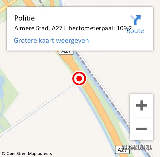 Locatie op kaart van de 112 melding: Politie Almere Stad, A27 L hectometerpaal: 109,2 op 11 februari 2016 07:20