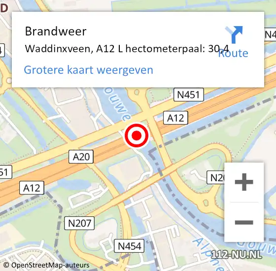 Locatie op kaart van de 112 melding: Brandweer Waddinxveen, A12 L hectometerpaal: 30,4 op 11 februari 2016 22:24