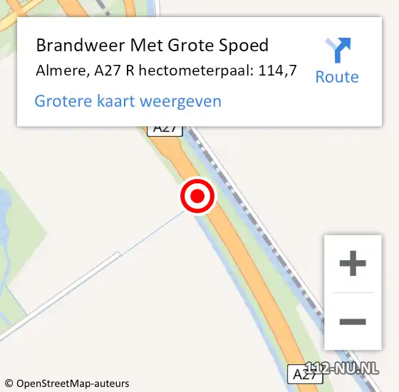 Locatie op kaart van de 112 melding: Brandweer Met Grote Spoed Naar Almere, A27 R hectometerpaal: 114,7 op 11 februari 2016 22:27