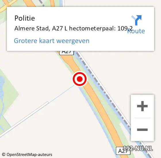 Locatie op kaart van de 112 melding: Politie Almere, A27 R hectometerpaal: 114,7 op 11 februari 2016 22:28