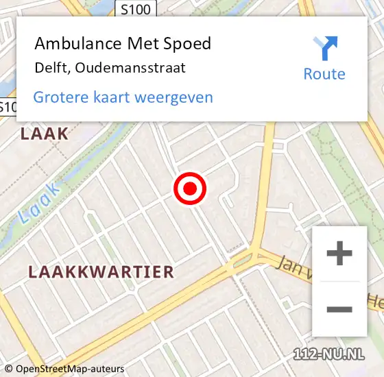 Locatie op kaart van de 112 melding: Ambulance Met Spoed Naar Delft, Oudemansstraat op 12 februari 2016 10:42