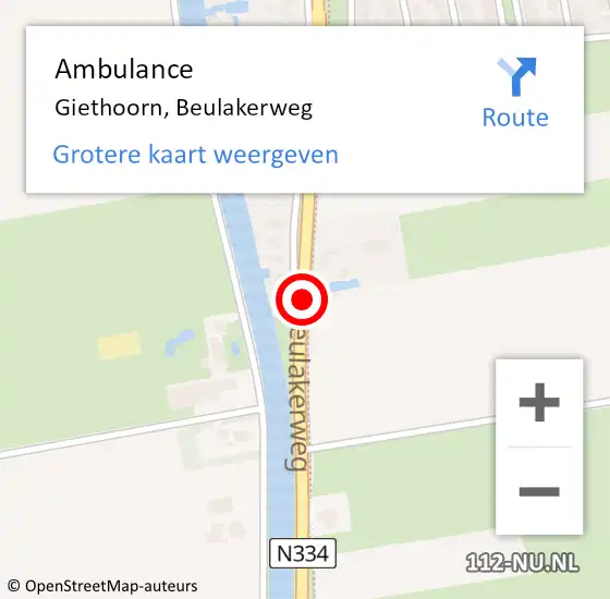 Locatie op kaart van de 112 melding: Ambulance Giethoorn, Beulakerweg op 12 februari 2016 20:22