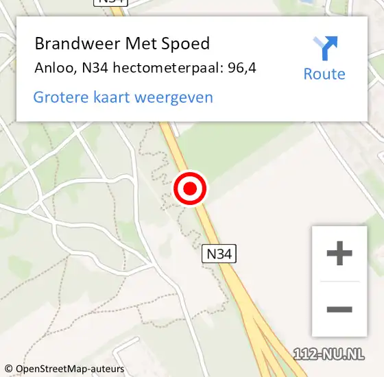 Locatie op kaart van de 112 melding: Brandweer Met Spoed Naar Anloo, N34 hectometerpaal: 96,4 op 5 december 2013 20:26