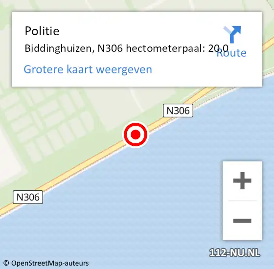 Locatie op kaart van de 112 melding: Politie Biddinghuizen, N306 hectometerpaal: 24,6 op 13 februari 2016 09:25