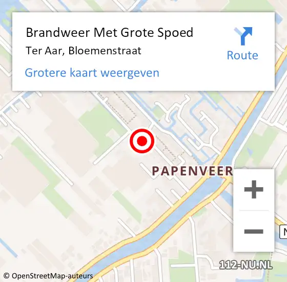 Locatie op kaart van de 112 melding: Brandweer Met Grote Spoed Naar Ter Aar, Bloemenstraat op 14 februari 2016 13:50