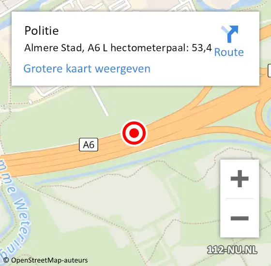 Locatie op kaart van de 112 melding: Politie Almere, A6 R hectometerpaal: 59,6 op 14 februari 2016 20:48