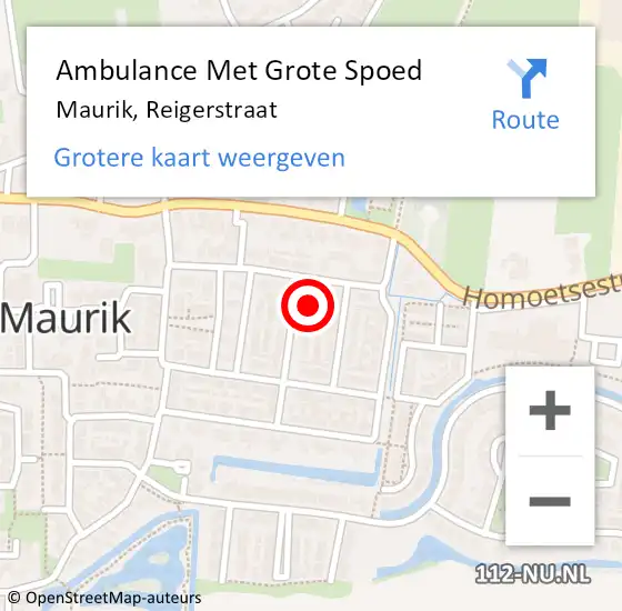 Locatie op kaart van de 112 melding: Ambulance Met Grote Spoed Naar Maurik, Reigerstraat op 15 februari 2016 10:18