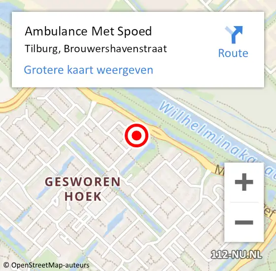 Locatie op kaart van de 112 melding: Ambulance Met Spoed Naar Tilburg, Brouwershavenstraat op 15 februari 2016 13:44