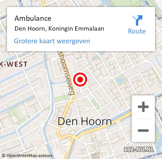 Locatie op kaart van de 112 melding: Ambulance Den Hoorn, Koningin Emmalaan op 15 februari 2016 17:18