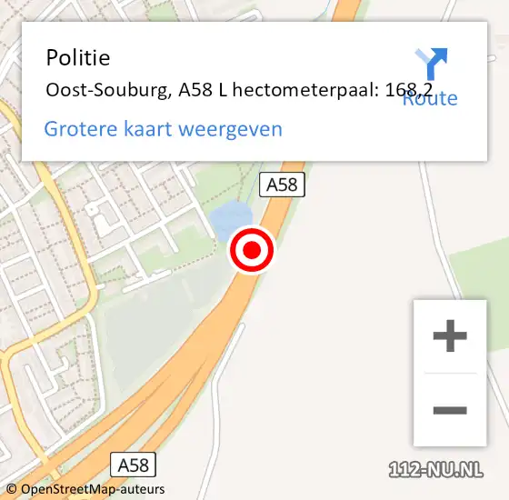 Locatie op kaart van de 112 melding: Politie Oost-Souburg, A58 L hectometerpaal: 168,2 op 16 februari 2016 20:59