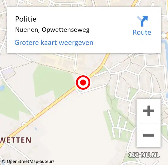 Locatie op kaart van de 112 melding: Politie Nuenen, Opwettenseweg op 16 februari 2016 21:40