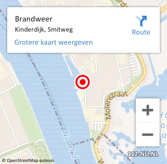 Locatie op kaart van de 112 melding: Brandweer Kinderdijk, Smitweg op 17 februari 2016 07:29