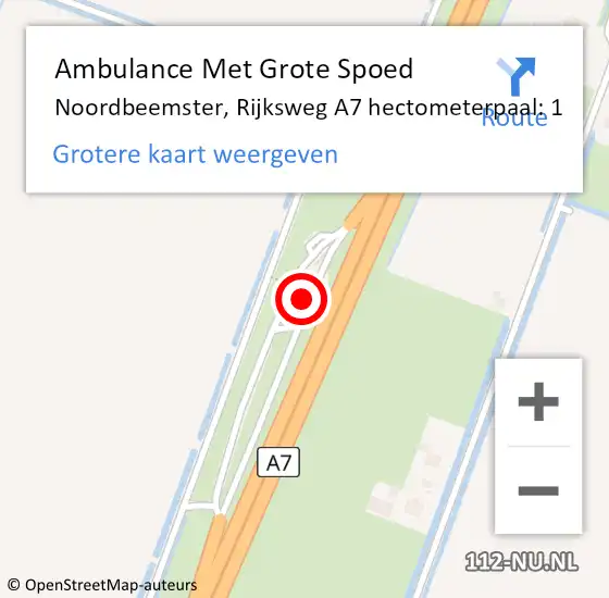 Locatie op kaart van de 112 melding: Ambulance Met Grote Spoed Naar Noordbeemster, Rijksweg A7 hectometerpaal: 1 op 20 februari 2016 16:52