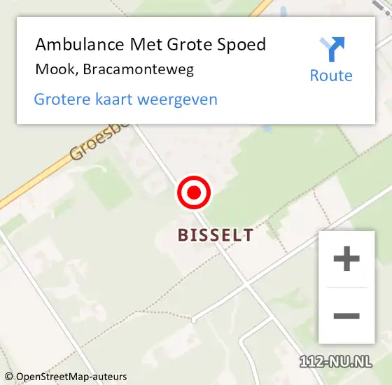 Locatie op kaart van de 112 melding: Ambulance Met Grote Spoed Naar Mook, Bracamonteweg op 20 februari 2016 20:43