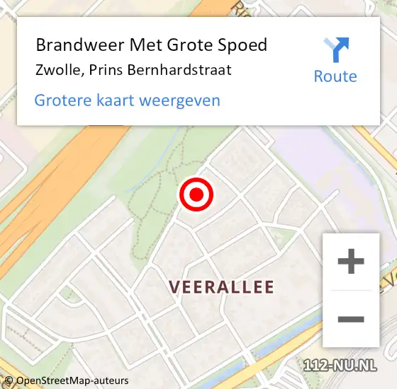 Locatie op kaart van de 112 melding: Brandweer Met Grote Spoed Naar Zwolle, Prins Bernhardstraat op 20 februari 2016 21:28