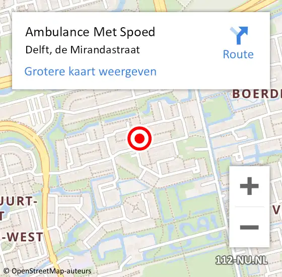 Locatie op kaart van de 112 melding: Ambulance Met Spoed Naar Delft, de Mirandastraat op 20 februari 2016 22:58