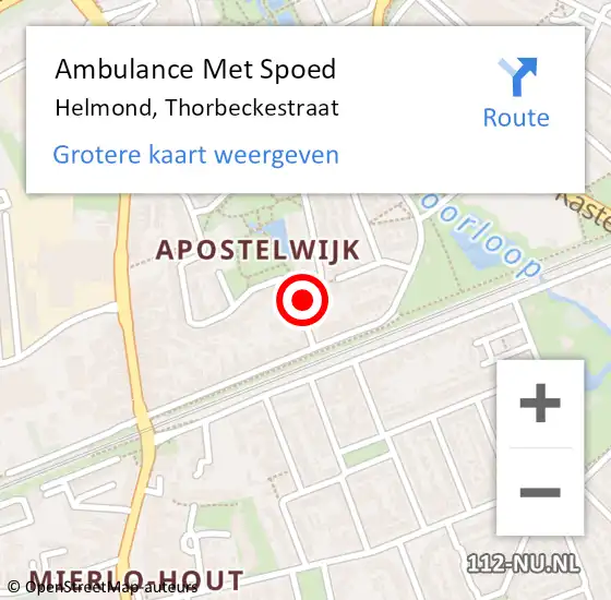 Locatie op kaart van de 112 melding: Ambulance Met Spoed Naar Helmond, Thorbeckestraat op 21 februari 2016 04:16