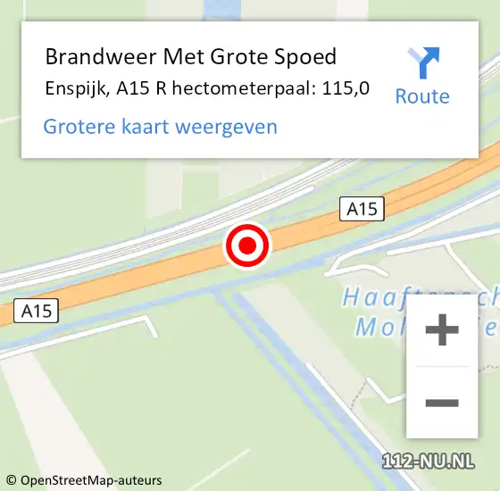 Locatie op kaart van de 112 melding: Brandweer Met Grote Spoed Naar Enspijk, A15 R hectometerpaal: 115,0 op 21 februari 2016 17:49